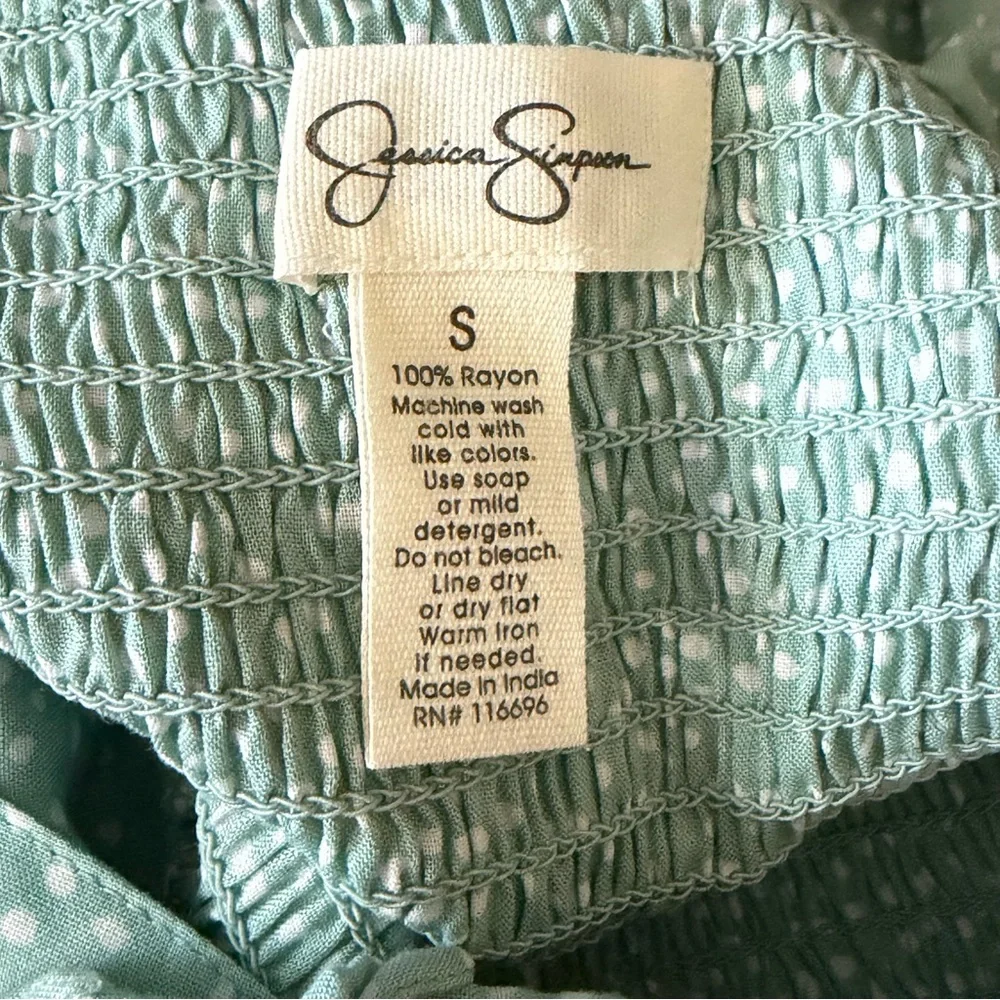 Jessica Simpson Seafoam Polka Dot Smocked Wide Leg Jumpsuit w/Pockets Size S - Picture 11 of 16